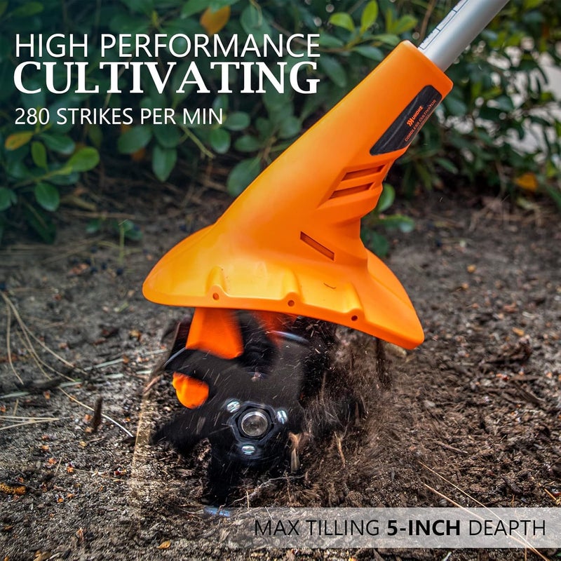 Ukoke Cordless Tiller Cultivator 20V 2.5 A Battery 280 max RPM Powered Tiller Cultivator, w/24 Steel Blade Cultivate Max Tilling 5'' deep Path by 7.8'' Wide, Orange, ST1902 - Image 4